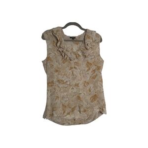 Talbots 14 Silk Beige Floral Ruffle Neck Sleeveless Top Cottagecore, Ethereal
